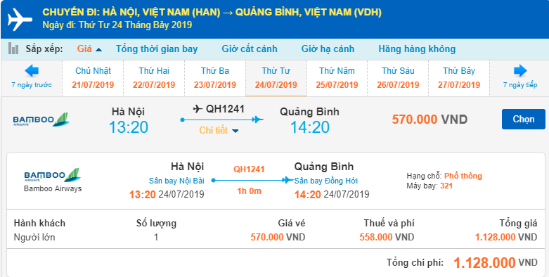 Chi tiết giá vé máy bay đi Đồng Hới của Bamboo Airways 