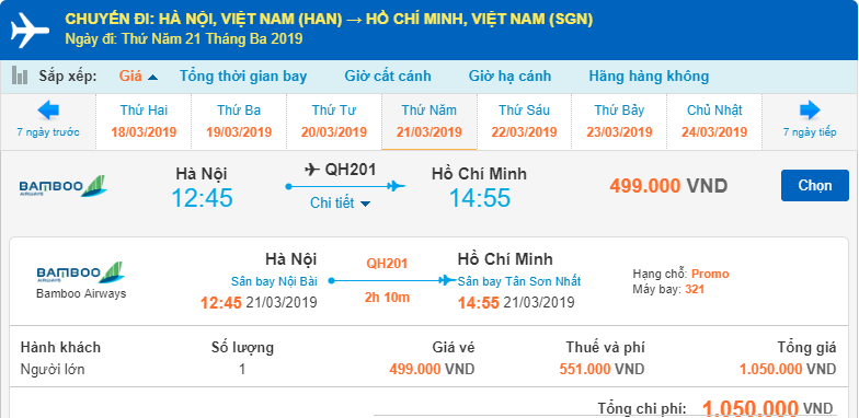 Giá vé hành trình Hà Nội đi Hồ Chí Minh chi tiết