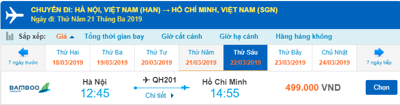 Giá vé hành trình Hà Nội đi Hồ Chí Minh