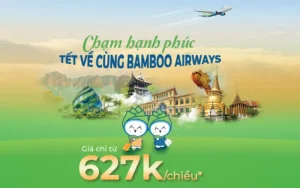 Nhằm đáp ứng nhu cầu đi lại dịp cao điểm Tết Nguyên Đán 2025. Bamboo mở bán 219.852 ghế trên toàn mạng bay nội địa. Đặt vé máy bay Bamboo Airways du xuân dịp Tết Nguyên Đán. Thật tuyệt vời khi có thể sát cánh cùng người thương và gia đình đi muôn nơi với chi phí tiết kiệm. Giai đoạn bay: 15/01/2025 - 12/02/2025 Hạng giá vé: Economy Saver Max Đường bay Giá vé thấp nhất (VNĐ) TP. Hồ Chí Minh - Đà Nẵng 648.000 VNĐ Đường bay TP. Hồ Chí Minh - Hà Nội 767.000 VNĐ TP. Hồ Chí Minh - Hải Phòng 659.000 VNĐ TP. Hồ Chí Minh - Thanh Hóa 639.000 VNĐ TP. Hồ Chí Minh - Phú Quốc 647.000 VNĐ TP. Hồ Chí Minh - Quy Nhơn 627.000 VNĐ TP. Hồ Chí Minh - Vinh 659.000 VNĐ Lưu ý: Giá vé đã bao gồm thuế, phí, phụ thu Điều kiện mua trước: Xuất vé 12 giờ trước giờ khởi hành